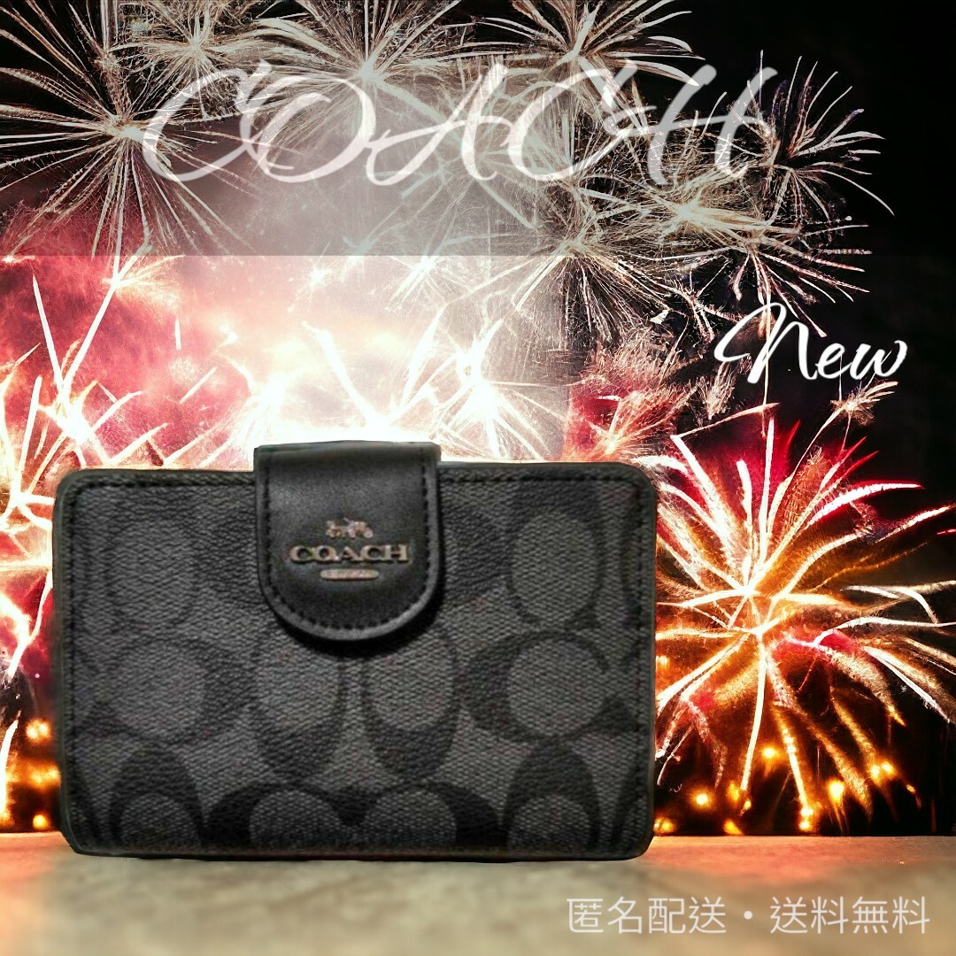 正規登録店 コーチ0082 COACH 二折財布 スモークブラック ブラック