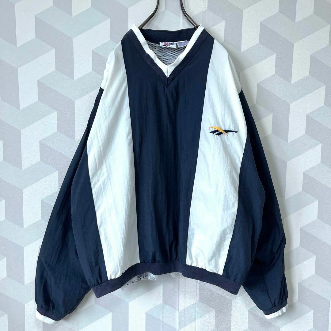 【90s リーボック】バック刺繍 ナイロン プルオーバー ゲームシャツ 白青メンズ