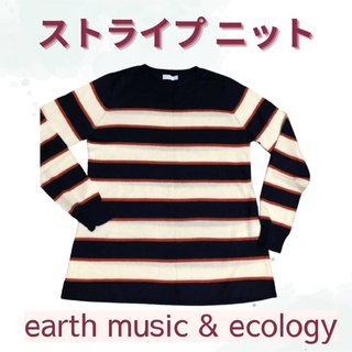 アースミュージックアンドエコロジー(earth music & ecology)のストライプ　ニット　カジュアル　薄手　洗濯可　Fサイズ　紺　着回し抜群　(ニット/セーター)