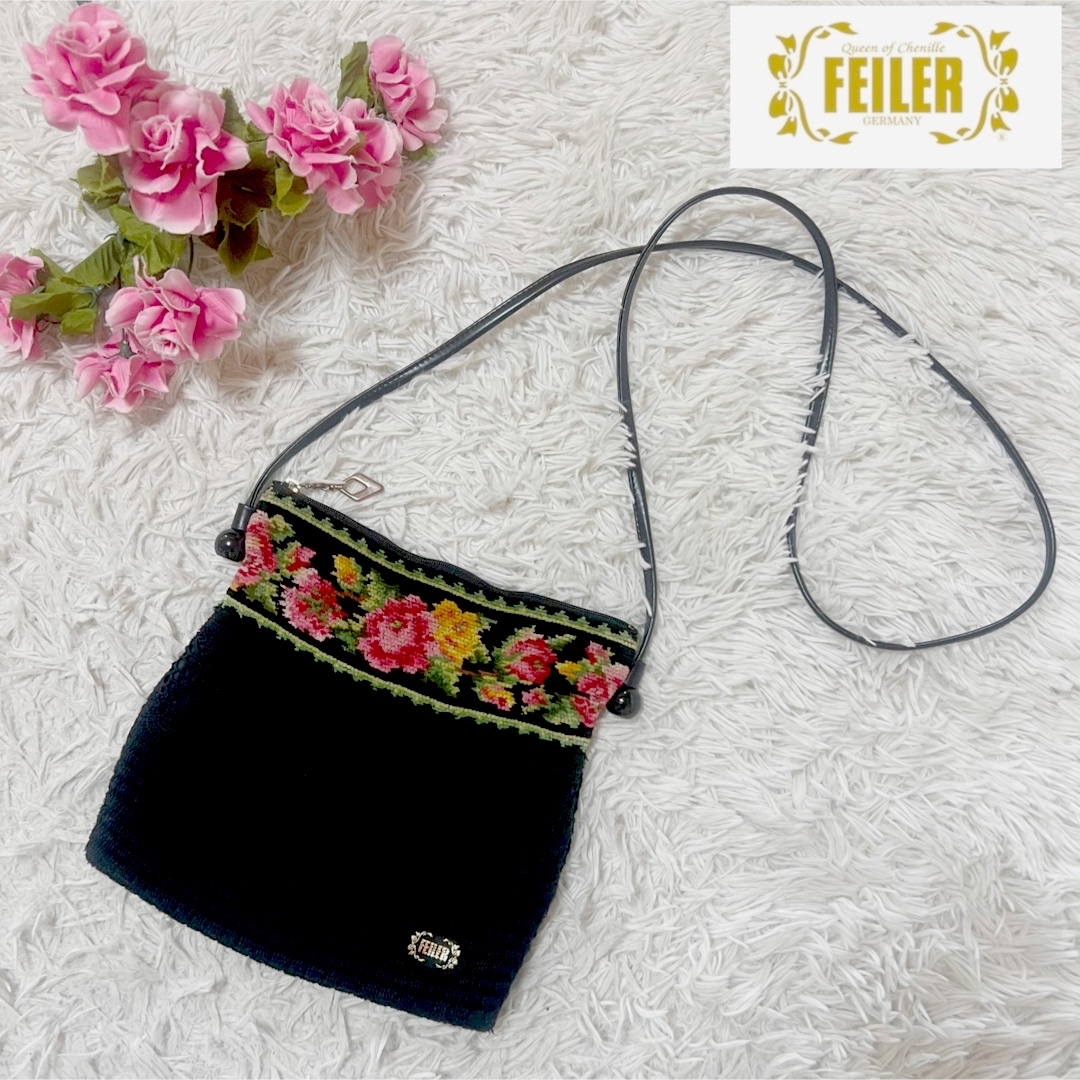 【美品】FEILER フェイラー　2way ショルダーバッグ　花柄　ブラック