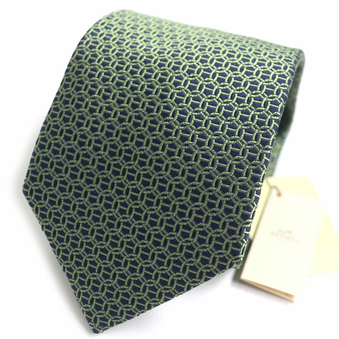 未使用品▼HERMES エルメス 655400T クラヴァット LOURDE 総柄 シルク100% ネクタイ MARINE/VERT POMME フランス製 ビジネス◎ タグ付きのサムネイル