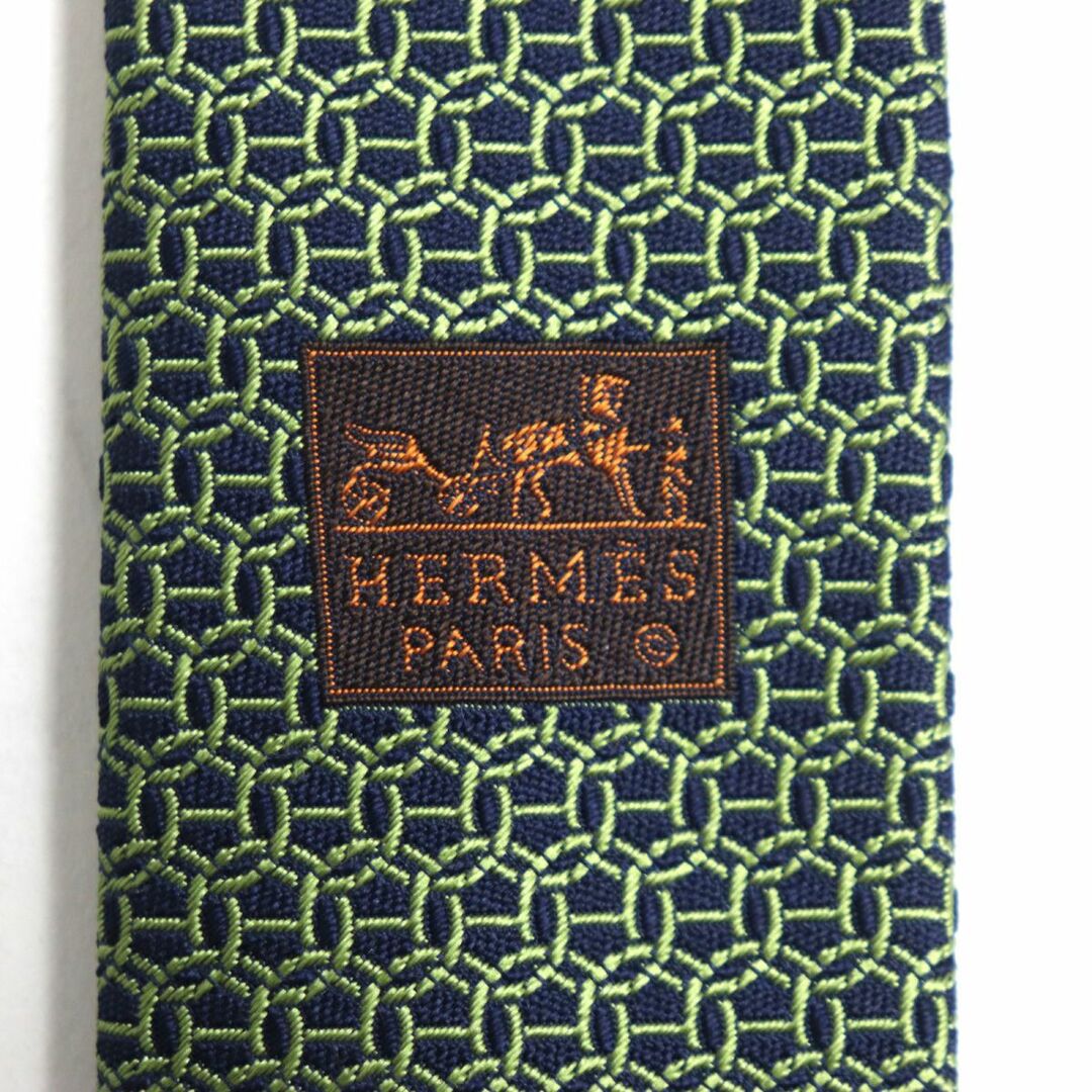 未使用品▼HERMES エルメス 655400T クラヴァット LOURDE 総柄 シルク100% ネクタイ MARINE/VERT POMME フランス製 ビジネス◎ タグ付き