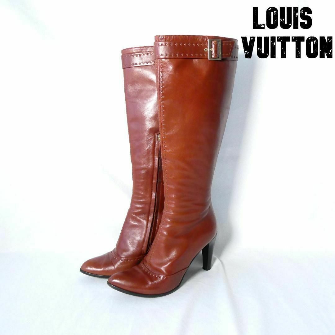 8㎝ヒールの高さ良品 Louis Vuitton レザー ベルト ハイヒール ジョッキーブーツ
