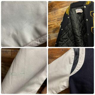 USA製ネフレタードスタジャンxl紺ネイビー本革袖革袖レザー刺繍ワッペン