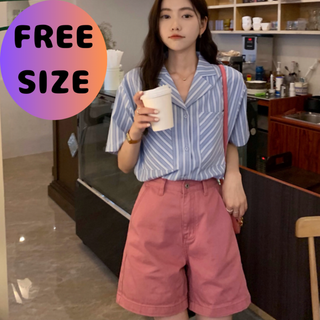 マルチストライプ オープンカラー シャツ　ブルー　ホワイト　FREE SIZE(シャツ/ブラウス(半袖/袖なし))