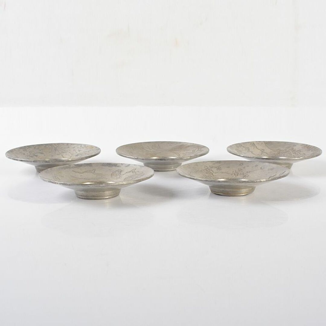 煎茶道具 古錫 彫金漢詩刻 絵変茶托 五客 D R6539 美術品/ 煎茶道具 古錫 彫金漢詩刻 絵変茶托 五客 D R6539 美術品/