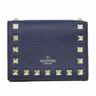 ヴァレンティノ(VALENTINO)の本物 ヴァレンティノ ガラヴァーニ VALENTINO GARAVANI ロックスタッズ 折財布 コンパクトウォレット レザー ネイビー Rockstud 財布 ウォレット 中古(財布)