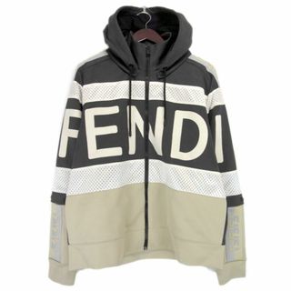 美品▼2019年製 FENDI フェンディ FW0048 バイカラー ロゴワッペン付き ムートン使い WZIPUP ジャケット 黒×茶 46 メンズ 伊製 正規品