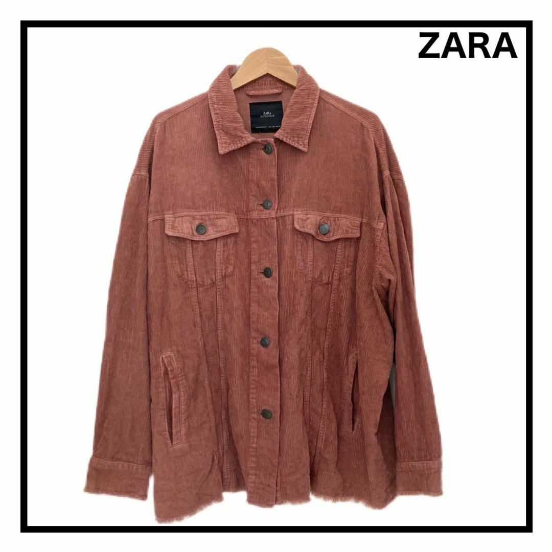 ZARA(ザラ)のザラ　切りっぱなしコーディロイジャケット　長袖　レディース　レッド　Lサイズ レディースのジャケット/アウター(その他)の商品写真