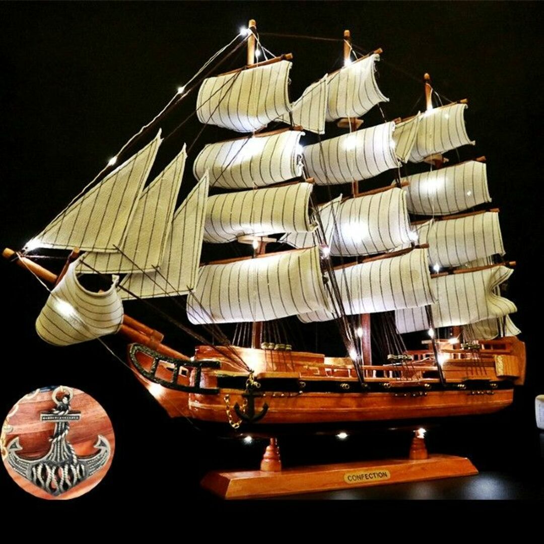 55cm 木製 帆船 模型 木造 船モデル ハンドメイド 卓上 置物 ブラウン