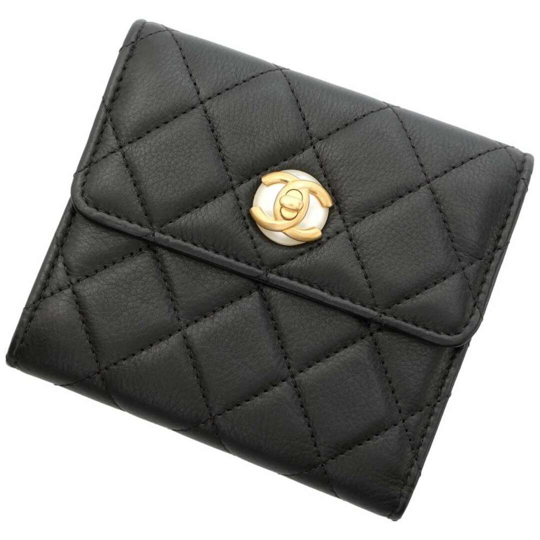 【良品】CHANEL  三つ折り財布 レザー ブラック  レザー コインケース