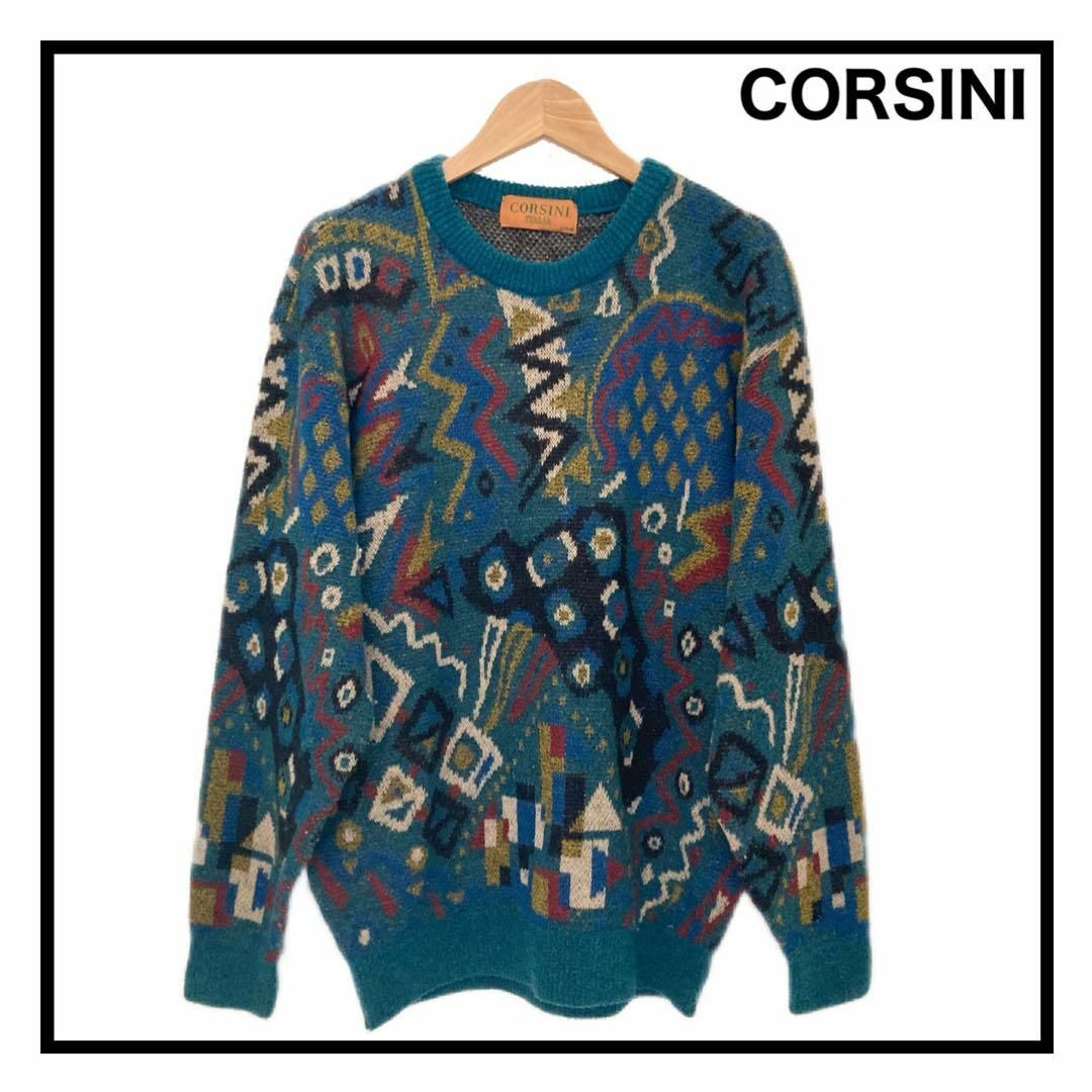 CORSINI ITALIA　レトロ　総柄ニット　ウールセーター　90sABY280188613599