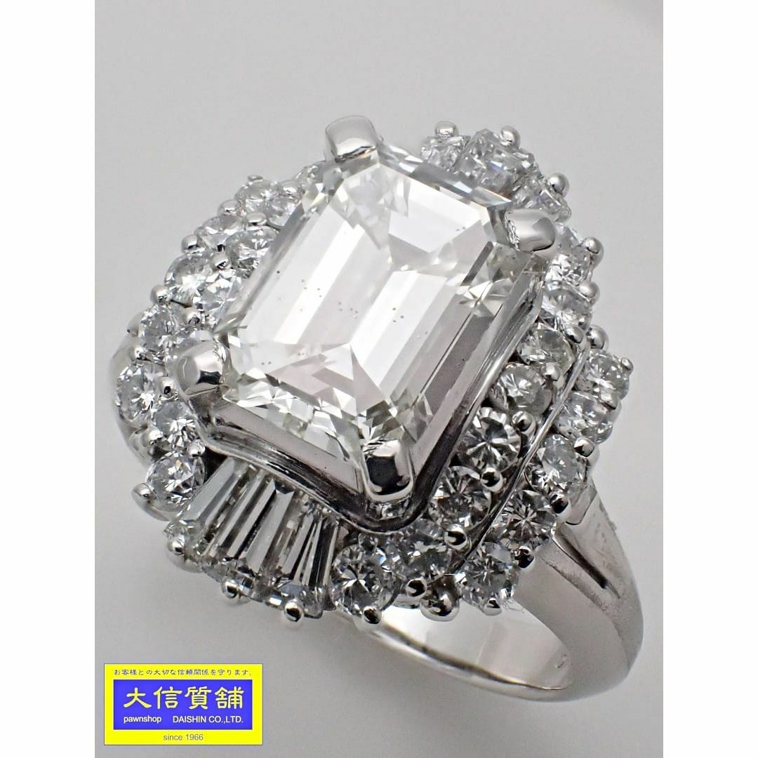 Pt900 プラチナ ダイヤ リング エメラルドカット1.758ct Jカラー SI-1クラリティ 0.99ct 10.5-11号 9.1g 中古A 【送料無料】 C-8985【質屋出品】 レディースのアクセサリー(リング(指輪))の商品写真