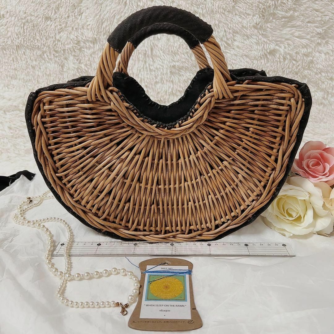 即日発送 ebagos 半月型 紅籐 キャンバス かご カゴバッグ ハンドバッグ-