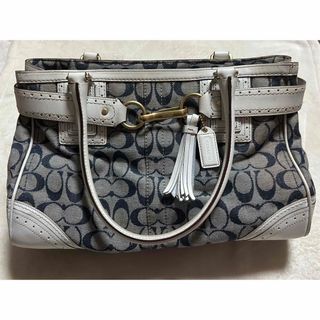 コーチ(COACH)の【匿名配送】COACH コーチ シグネチャー　ハンドバッグ　ネイビーホワイト(ハンドバッグ)