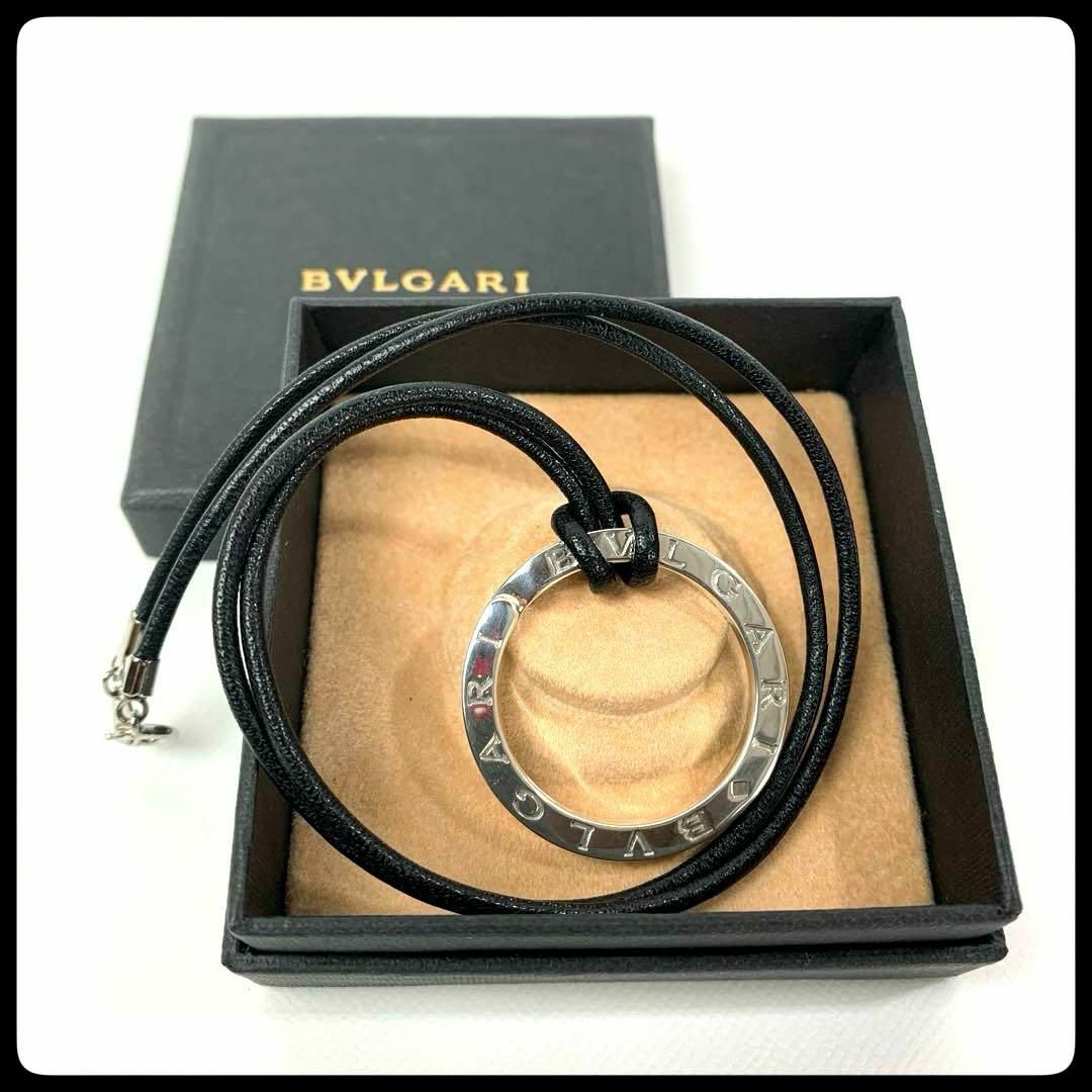 正規品】BVLGARI シルバー リング チャーム 革紐 チェーン - ネックレス 正規品】BVLGARI シルバー リング チャーム 革紐 チェーン - ネックレス