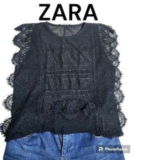 ザラ(ZARA)のZARA 黒のレースシャツ　L(シャツ/ブラウス(半袖/袖なし))