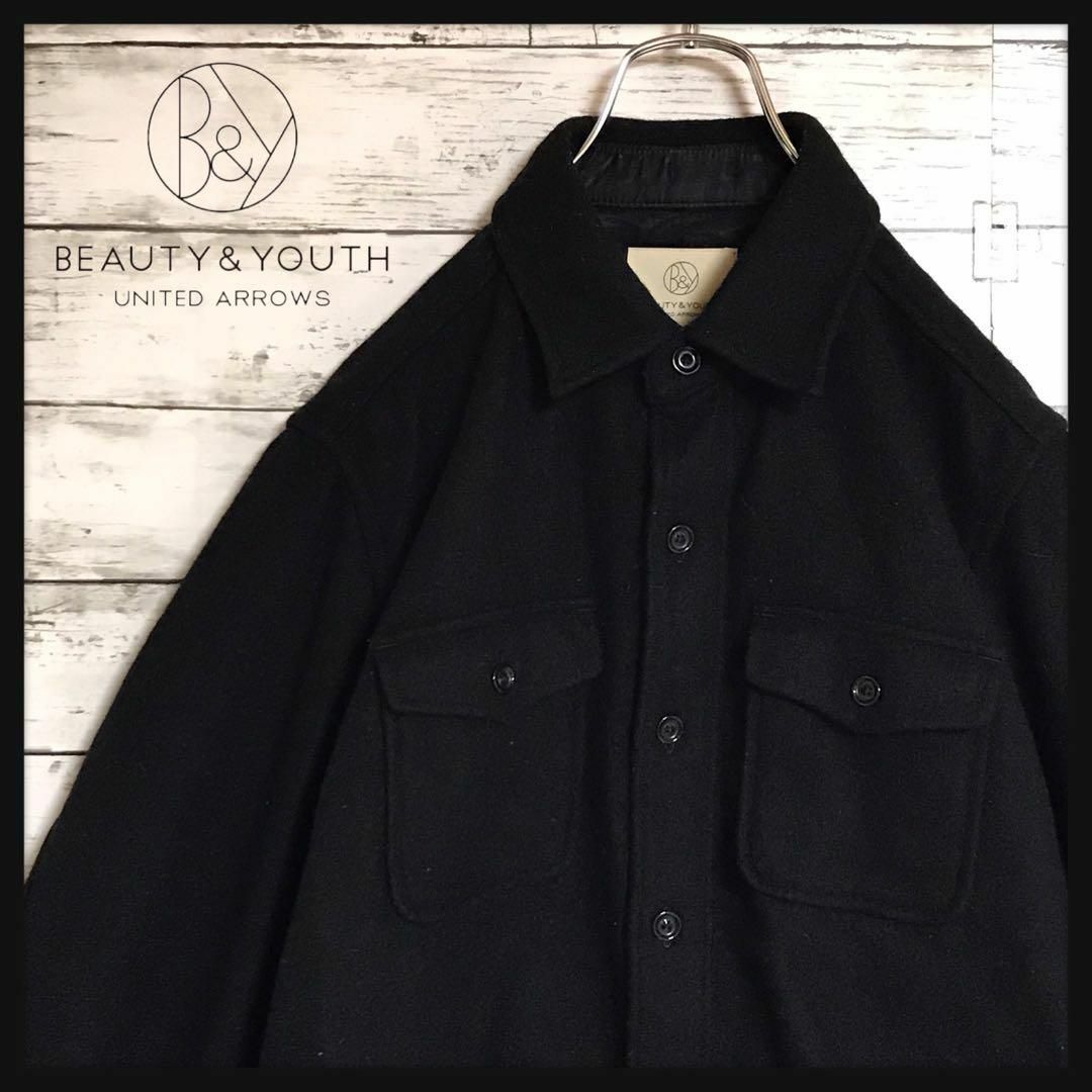 【人気Ｌ】ビューティー＆ユース　シンプルシャツジャケット　美品　黒　E967