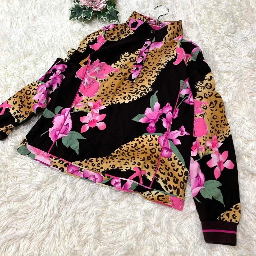 レオナール　花柄カーディガン　ボーダーリブ裾　ピンクブラック　LLサイズ