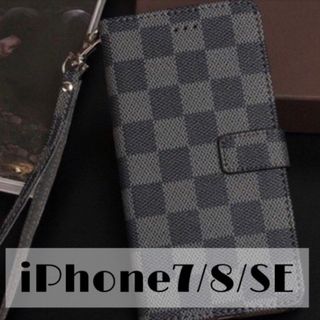  チェック柄 手帳型 iPhoneケース iPhone7/8/SE ブラック(iPhoneケース)