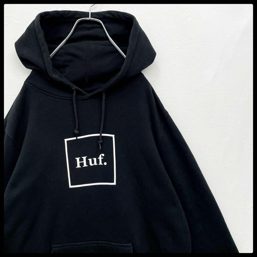 ひなの古着屋☪️☪️ハフ　HUF　センターロゴ　フードロゴ　プリント　裏起毛　フーディー　黒　M