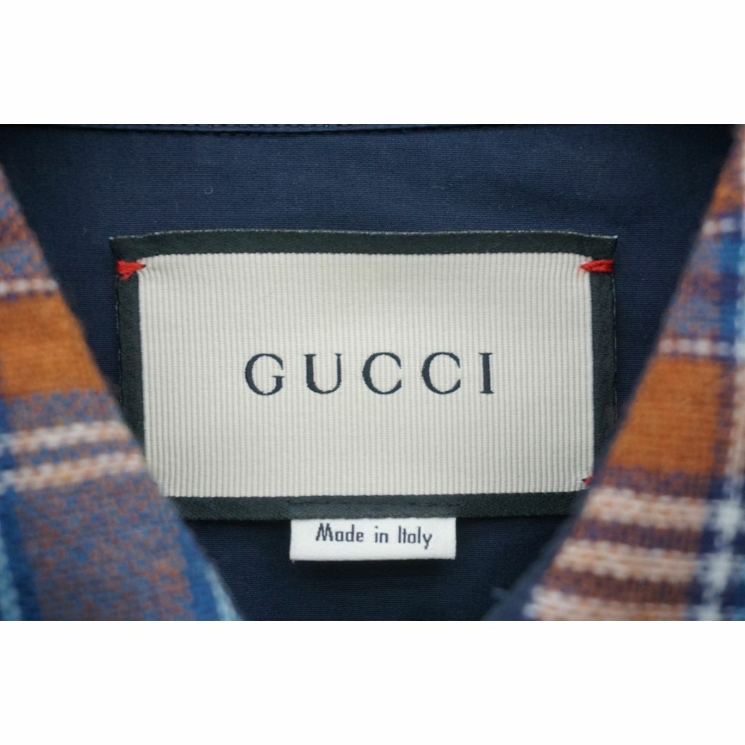 美品17AW GUCCIグッチ バード刺繍チェックネルシャツ青1013N▲