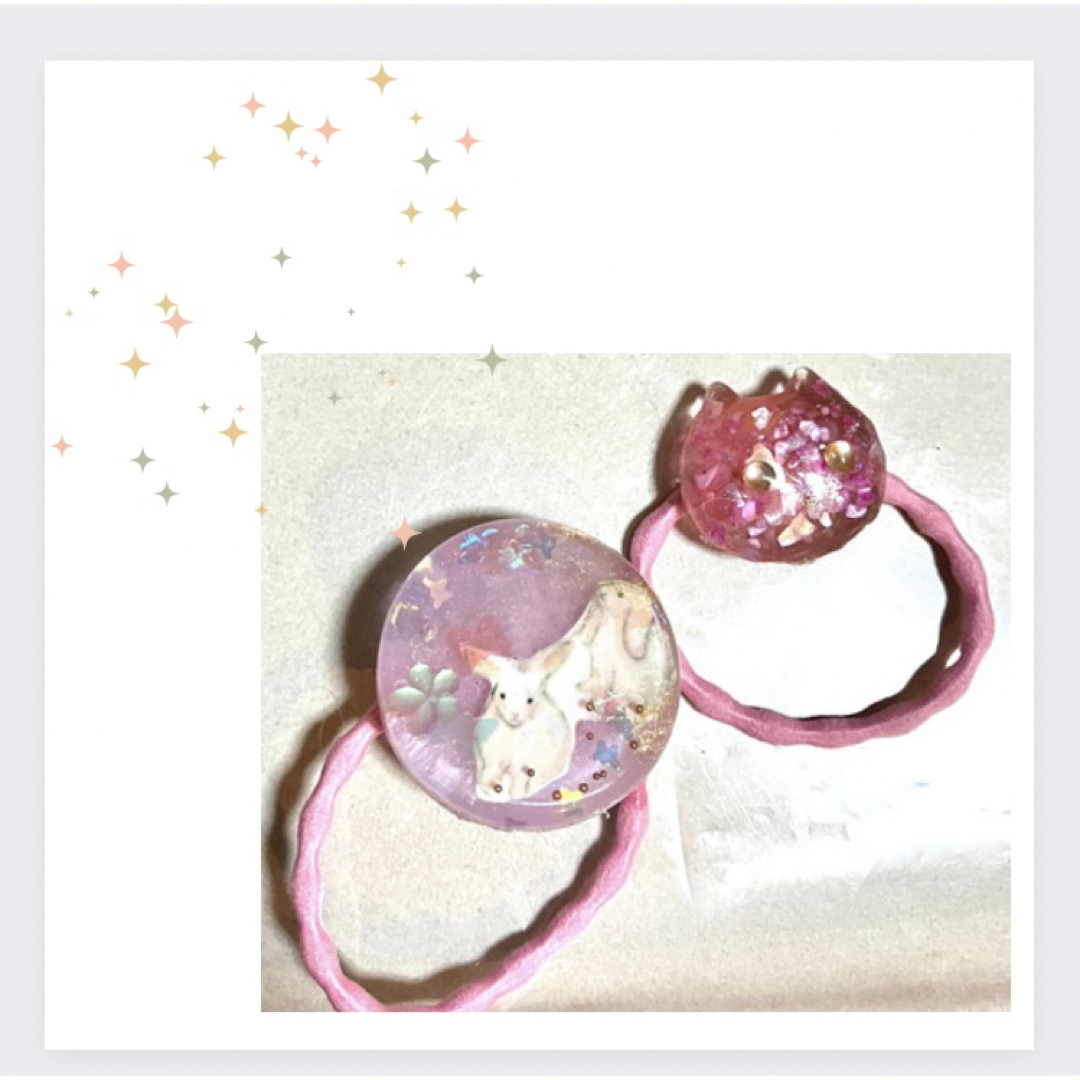 メルヘン♡うさねこピンクヘアゴム　ハンドメイド　かわいい2点セット ハンドメイドのアクセサリー(ヘアアクセサリー)の商品写真