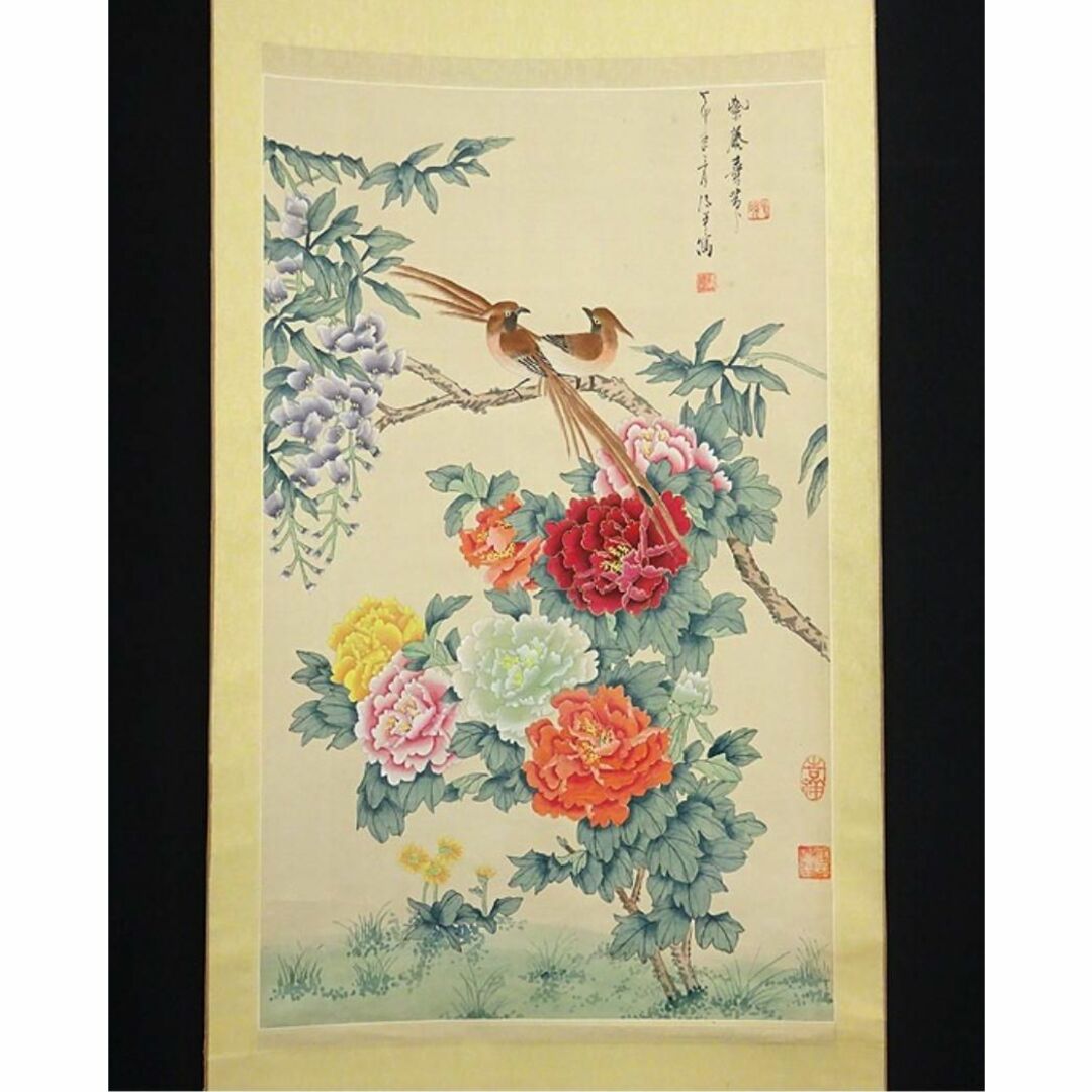 掛軸 清華『紫藤に寿帯鳥 花鳥図』中国画 絹本 肉筆 掛け軸 a11107 掛軸 清華『紫藤に寿帯鳥 花鳥図』中国画 絹本 肉筆 掛け軸 a11107