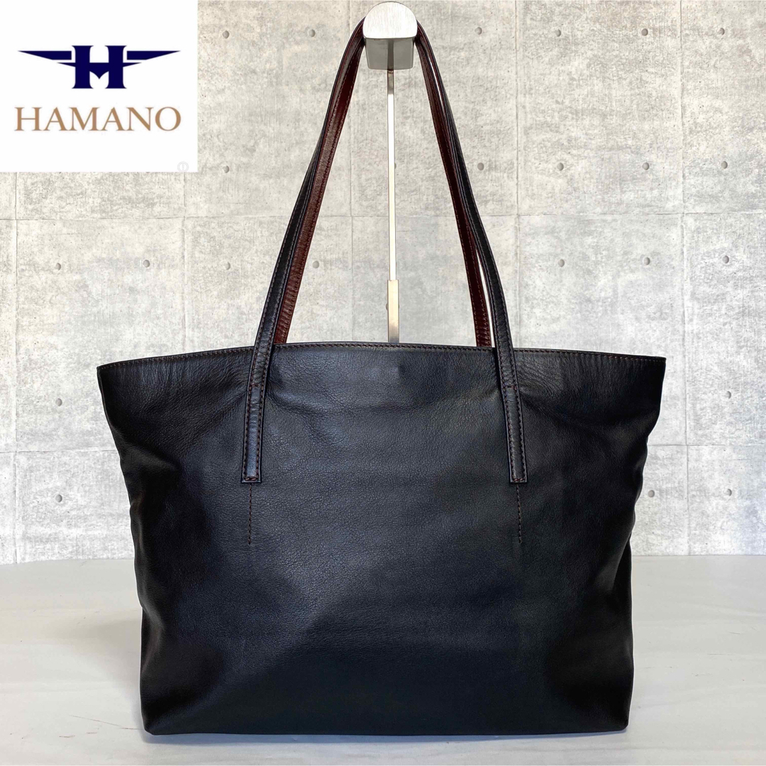 美品】HAMANO 濱野皮革工藝 オーストリッチ 黒 ゴールド金具ハンドバッグ-