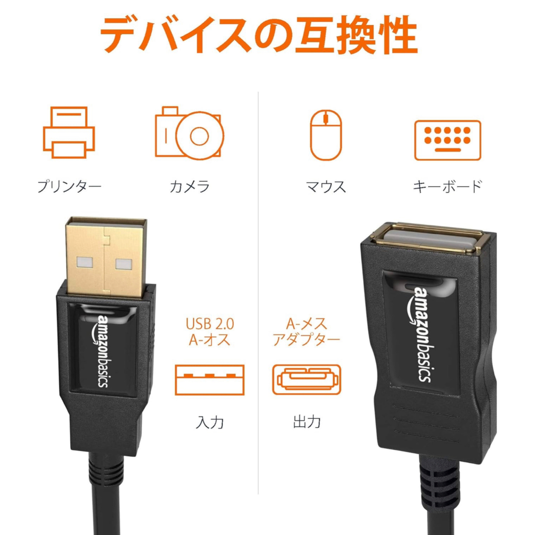 Amazon(アマゾン)のUSB2.0延長ケーブル 3.0m（タイプAオス - タイプAメス）ブラック スマホ/家電/カメラのPC/タブレット(PC周辺機器)の商品写真