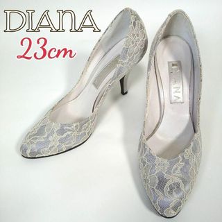 【美品】DIANA 24.5cm ブルーレースチェック柄　レース　ヒール　靴