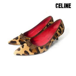 良品 綺麗 CELINE ヒョウ柄 ハラコ リボン ローヒール パンプス