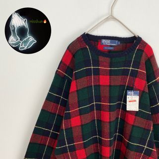 ポロラルフローレン(POLO RALPH LAUREN)の【ポロバイラルフローレン　ニット　チェック柄　ラムウール　赤　ネイビー　古着】(ニット/セーター)