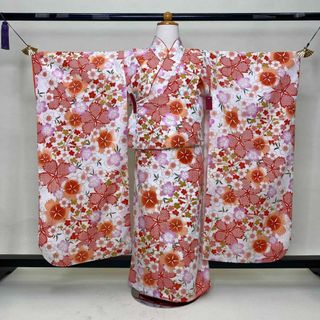 七五三　中古着物　女の子　四つ身　白　花柄　桜　総柄　u-153(和服/着物)