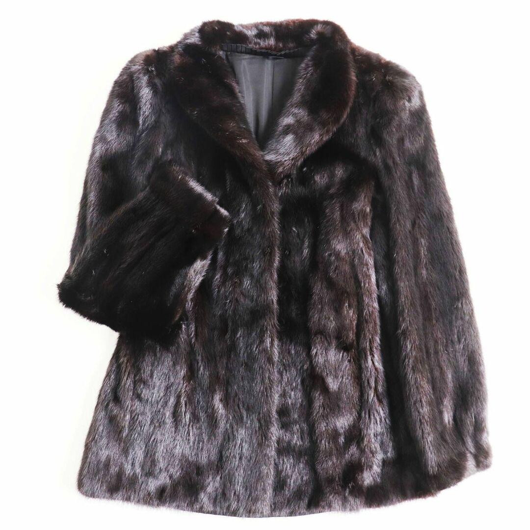 極美品●ROYAL SAGA MINK ロイヤルサガミンク 本毛皮ショートコート ジャケット ダークブラウン（ブラックに近い） 11号 毛質柔らか◎約36cm袖丈