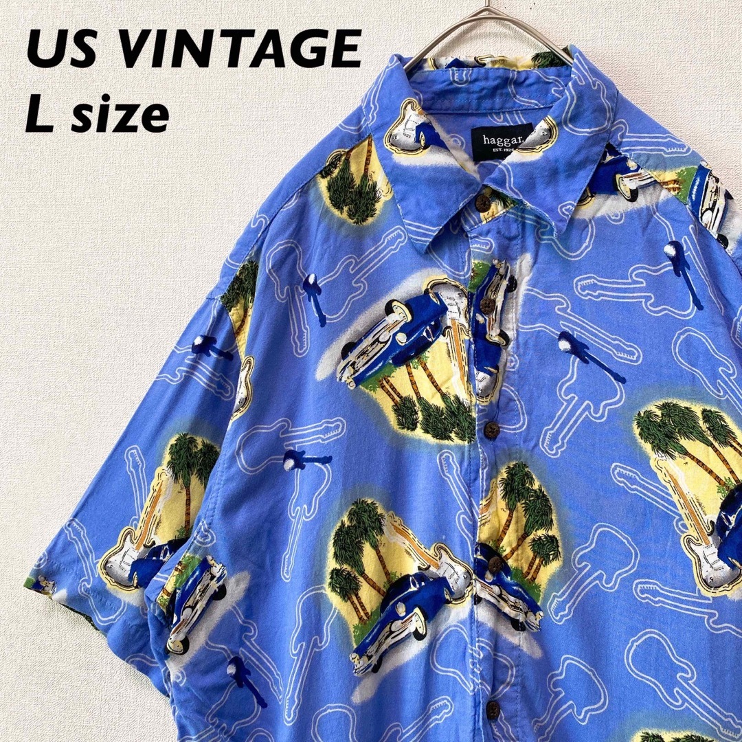 US古着　アロハシャツ　ハワイアン　半袖　総柄　車　ウクレレ　ヤシの木　男女兼用 メンズのトップス(シャツ)の商品写真
