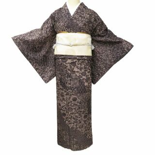 紬 着物 中古 正絹 袷 セミフォーマル 植物文様 花模様 焦茶色 身丈