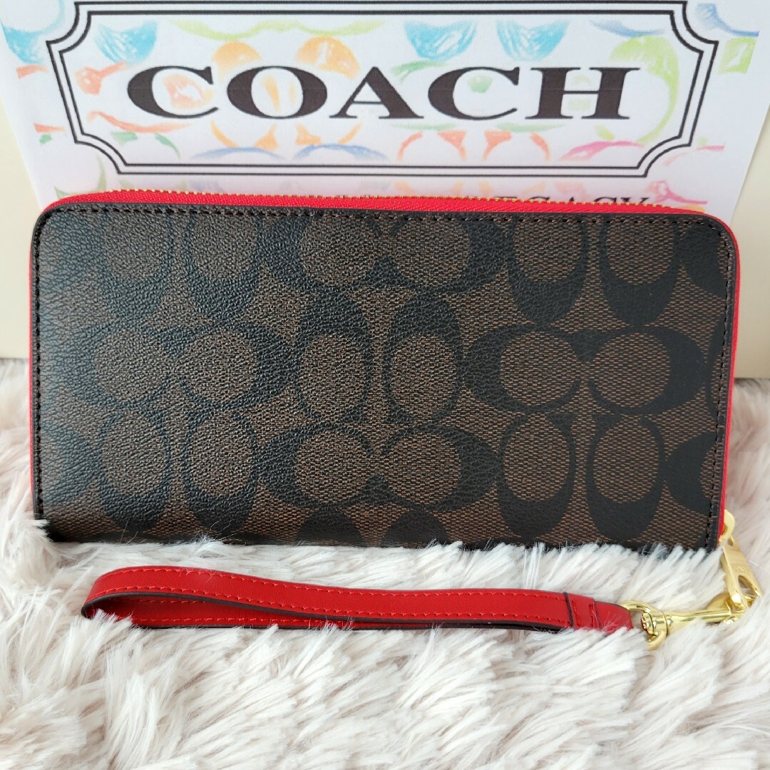 【新品】COACH コーチ 長財布 シグネチャー 　ブラウン　レッド