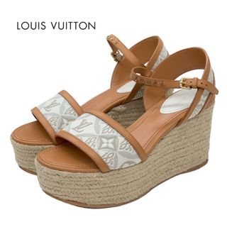 ルイヴィトン(LOUIS VUITTON)のルイヴィトン LOUIS VUITTON スターボードライン モノグラム サンダル 靴 シューズ レザー キャンバス ブラウン ホワイト ゴールド ウェッジソール エスパドリーユ スタッズ(サンダル)