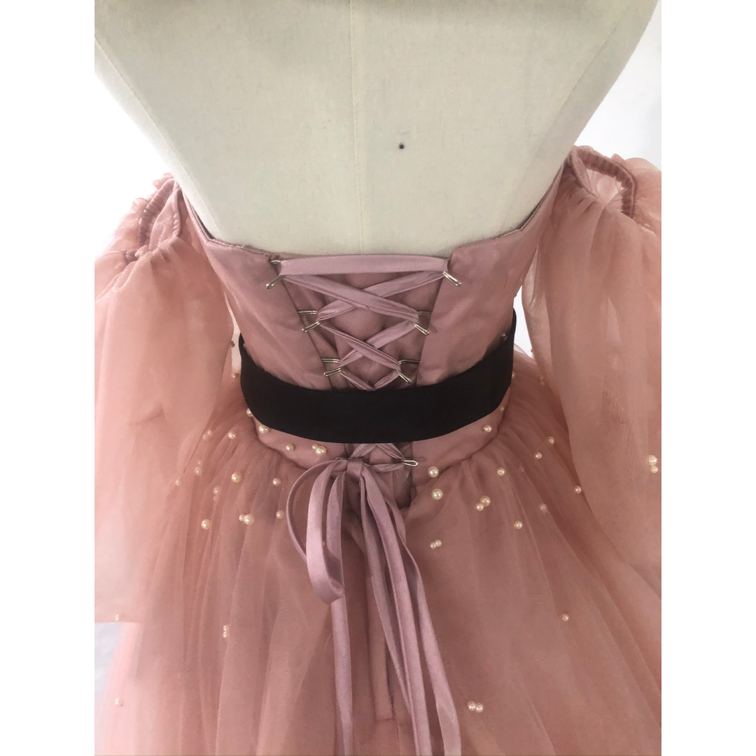 可愛い パーティードレス ピンク 取り外しふわふわ袖 サッシュベルト 花嫁披露宴 レディースのフォーマル/ドレス(ウェディングドレス)の商品写真