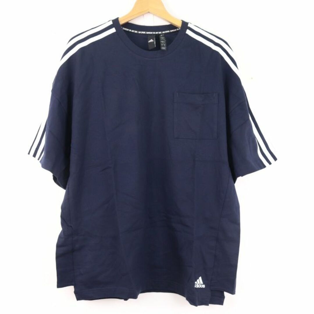 adidas(アディダス)のアディダス 半袖Tシャツ インナーシャツ スポーツウエア― 3ライン 胸プリント 紺 綿100% メンズ Lサイズ ネイビー adidas メンズのトップス(Tシャツ/カットソー(半袖/袖なし))の商品写真