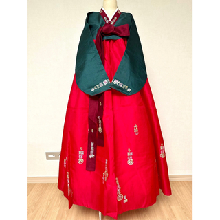 チマチョゴリ シルク製 緑×赤 韓国伝統服 バッグ、ノリゲ付き！(その他ドレス)
