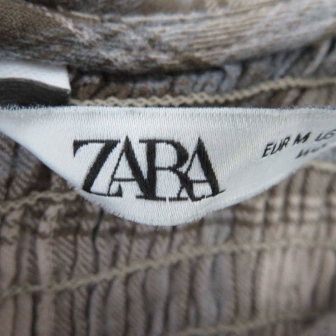 ZARA(ザラ)のザラ ブラウス カットソー ショート丈 シャーリング チェック柄 M ブラウン レディースのトップス(シャツ/ブラウス(長袖/七分))の商品写真