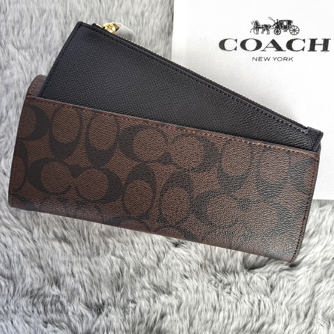 COACH(コーチ)の【新品未使用】COACH コーチ 長財布 エンベロープ 黒茶色 ポーチ付き レディースのファッション小物(財布)の商品写真