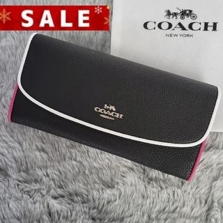 コーチ(COACH)の【新品未使用】COACH コーチ 長財布 ブラックマルチ ピンクライン ボタン(財布)