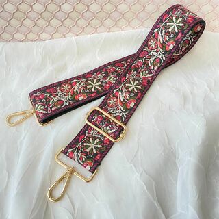 ショルダーストラップ 単品　花柄刺繍（ピンク系/黒地）太め　幅広ショルダーベルト(ショルダーバッグ)