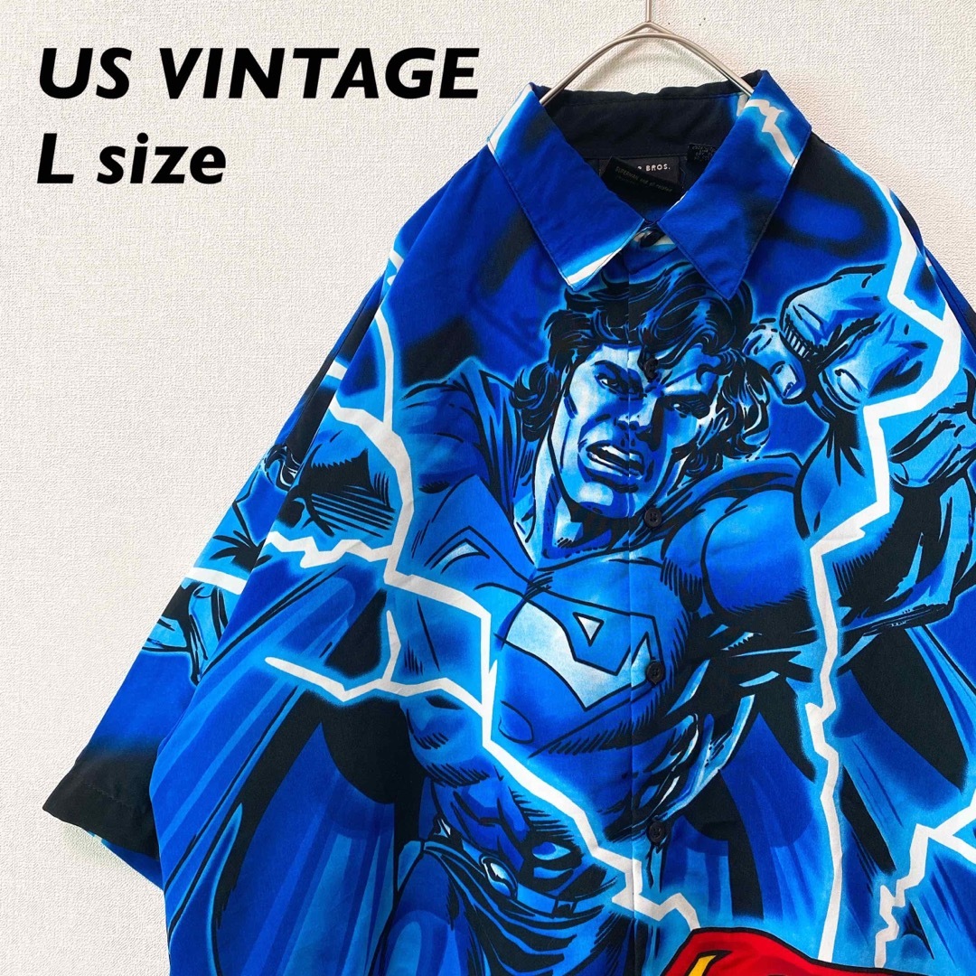 US古着　アロハシャツ　柄シャツ　総柄　スーパーマン　男女兼用　青色　Lサイズ メンズのトップス(シャツ)の商品写真