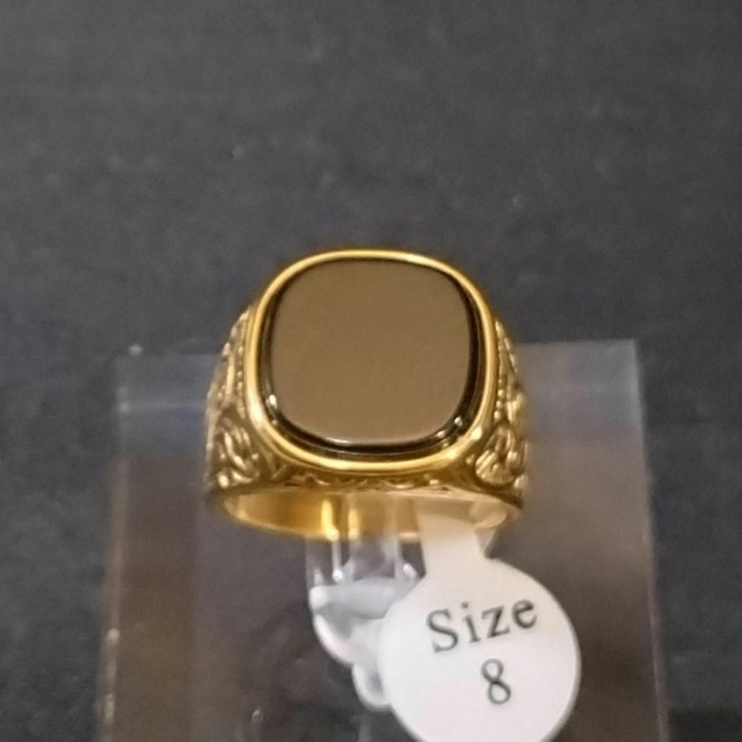 ずっしり重厚感　魔除けのブラックオニキスと唐草模様のシグネットリング　１６号 メンズのアクセサリー(リング(指輪))の商品写真