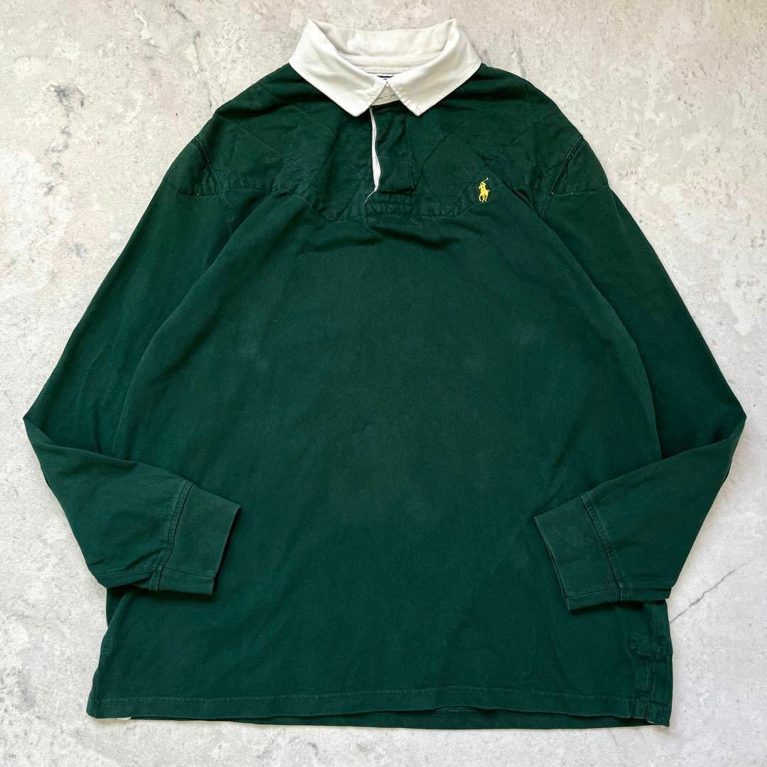 【90s ポロラルフローレン】XXL 刺繍ロゴ 硬い生地 ラガーシャツ 緑トップス