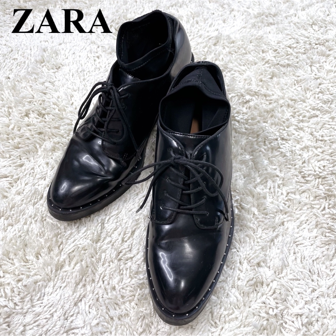 ZARA - ZARA ザラ ソックス付き 厚底 レースアップ ローファー 38 黒 ...